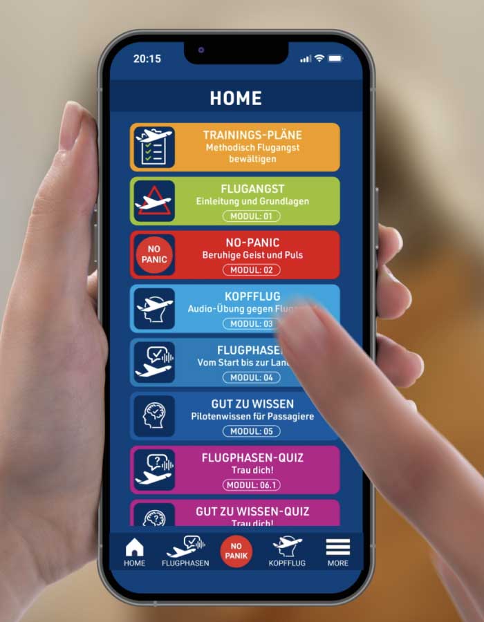 PassengerGuard Menü mit der Rubriken Flugangst, Flugphasen, Kopfflug, Pilotenwissen und dem No-Panik-Button